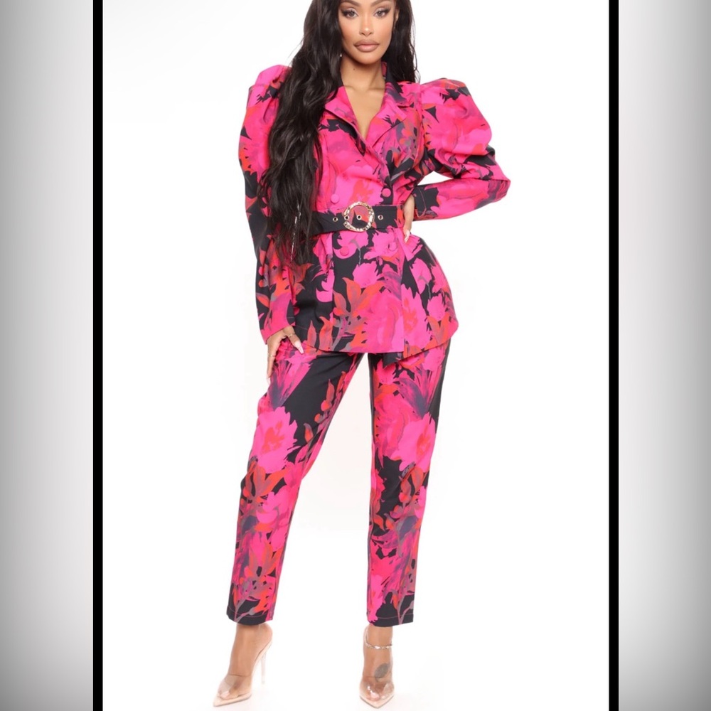 Floral Puff-Sleeve Blazer & Pants Set - Pink
